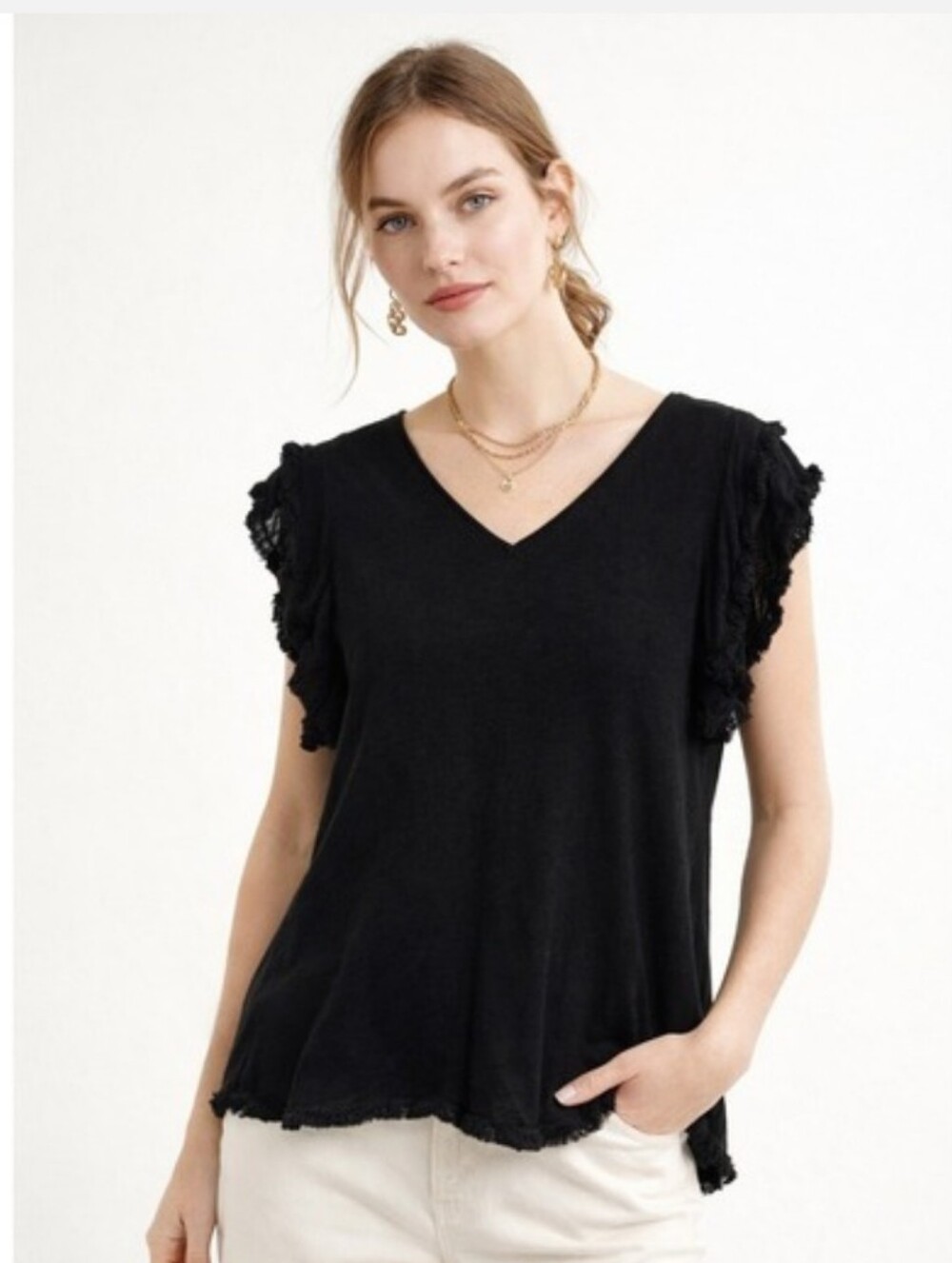 Chico's Black 100% Linen Ruffle Fringe Knit Top Women's L/2 Modest V Neck Tee